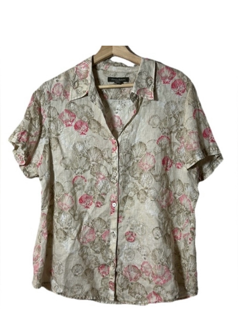 Tommy Bahama Beige and Pink 100% Linen Floral Button Down Blouse Sz. L